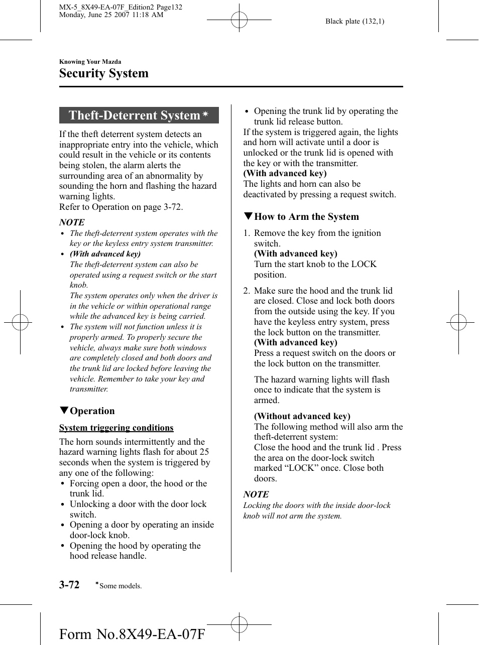 Theft-deterrent system, Security system, Qoperation | Qhow to arm the system | Mazda 2008 MX-5 Miata User Manual | Page 132 / 458