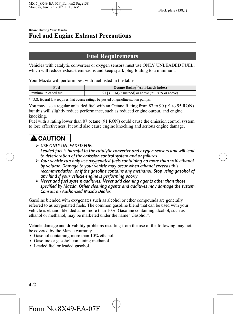 Fuel and engine exhaust precautions, Fuel requirements, Fuel and engine exhaust precautions -2 | Fuel requirements -2, Caution | Mazda 2008 MX-5 Miata User Manual | Page 138 / 458