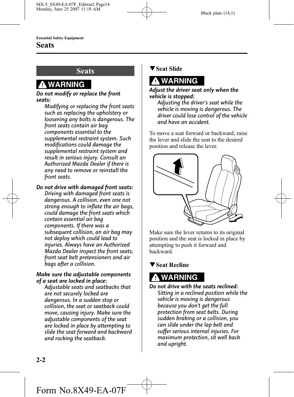 Seats, Seats -2, Warning | Mazda 2008 MX-5 Miata User Manual | Page 14 / 458