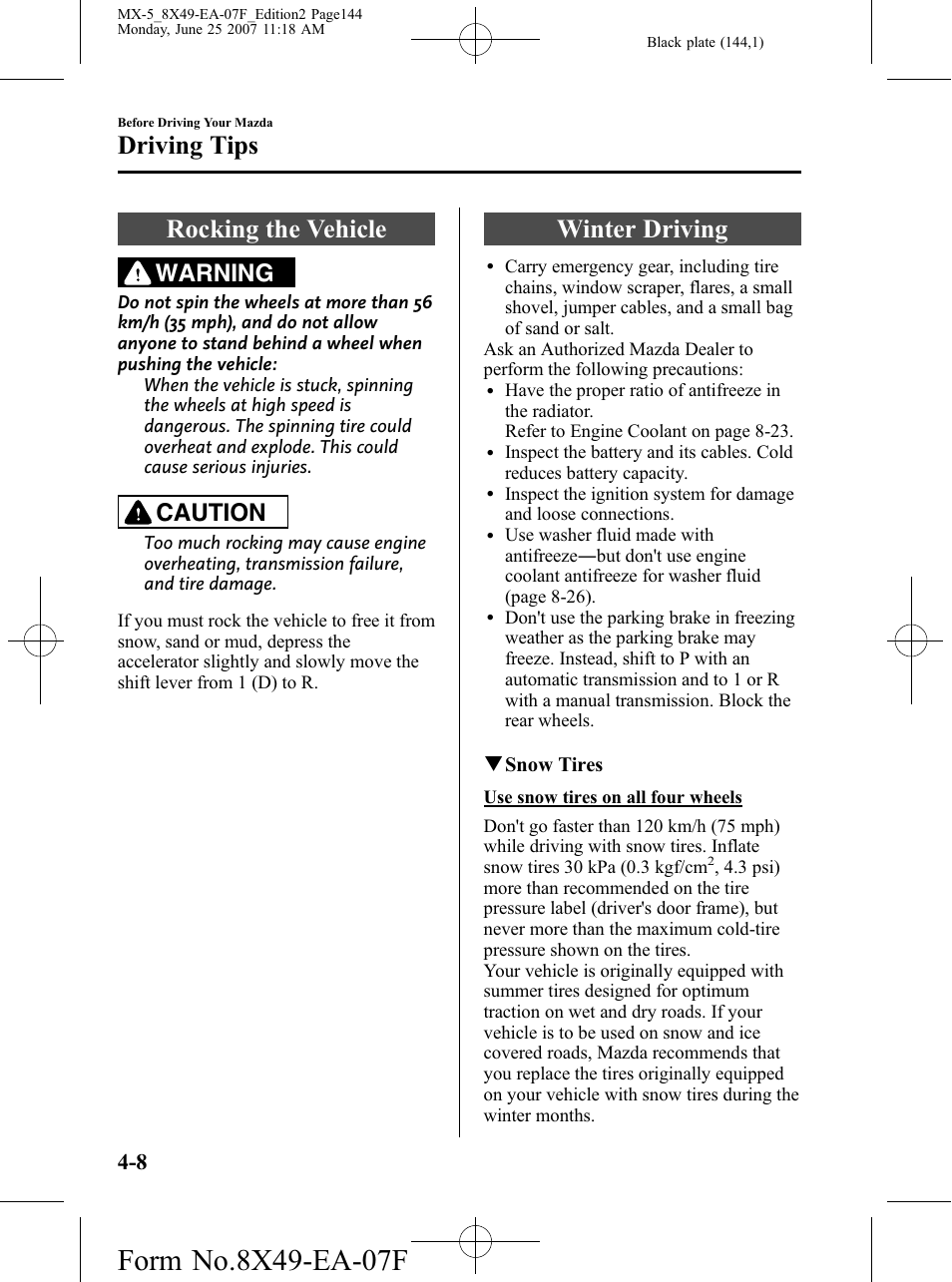 Rocking the vehicle, Winter driving, Rocking the vehicle -8 winter driving -8 | Driving tips, Warning, Caution | Mazda 2008 MX-5 Miata User Manual | Page 144 / 458