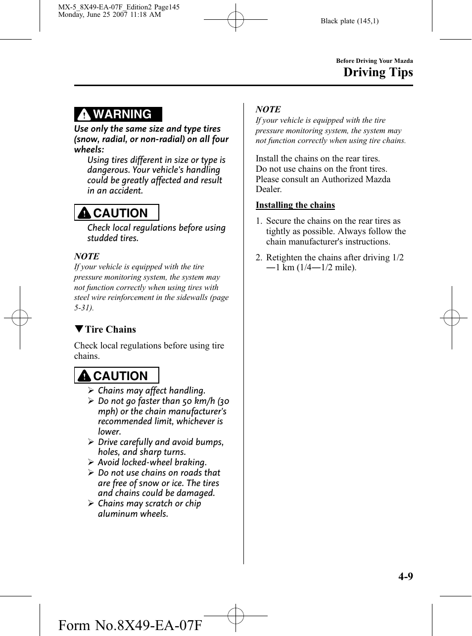 Driving tips, Warning, Caution | Mazda 2008 MX-5 Miata User Manual | Page 145 / 458