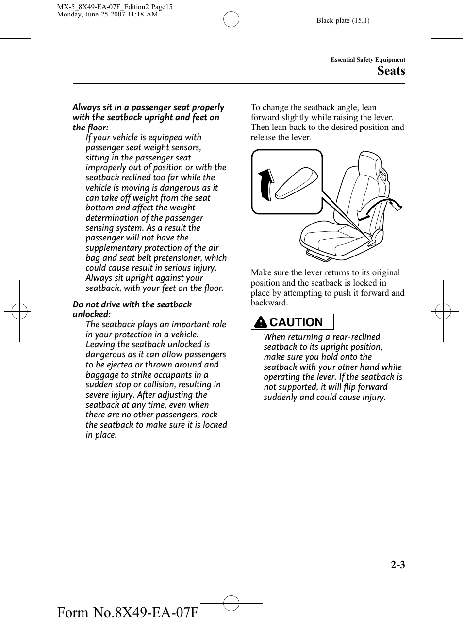 Seats, Caution | Mazda 2008 MX-5 Miata User Manual | Page 15 / 458