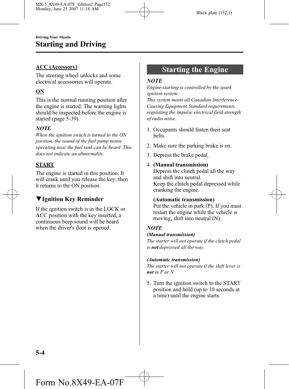 Starting the engine, Starting the engine -4, Starting and driving | Mazda 2008 MX-5 Miata User Manual | Page 152 / 458