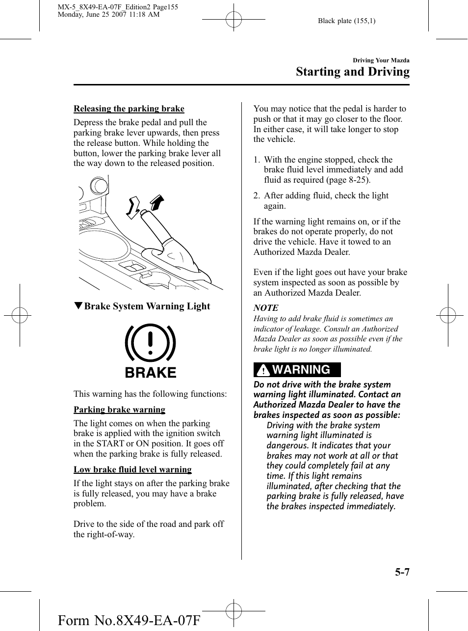Starting and driving, Warning | Mazda 2008 MX-5 Miata User Manual | Page 155 / 458