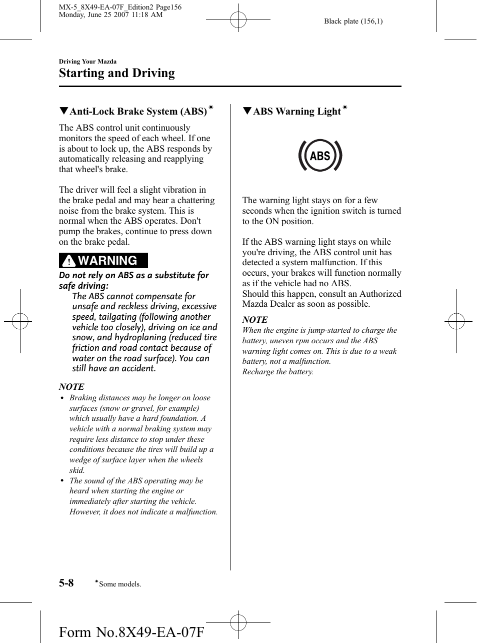 Starting and driving, Warning | Mazda 2008 MX-5 Miata User Manual | Page 156 / 458