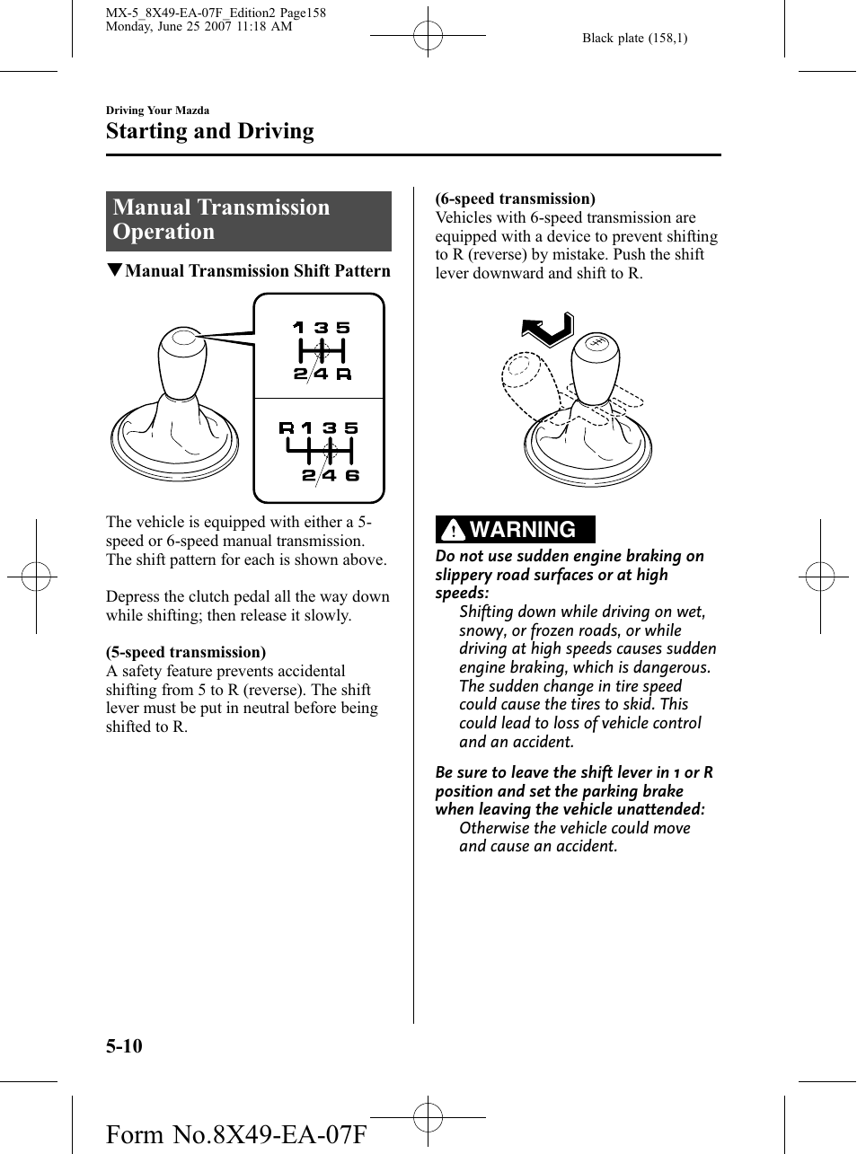 Manual transmission operation, Manual transmission operation -10, Starting and driving | Warning | Mazda 2008 MX-5 Miata User Manual | Page 158 / 458