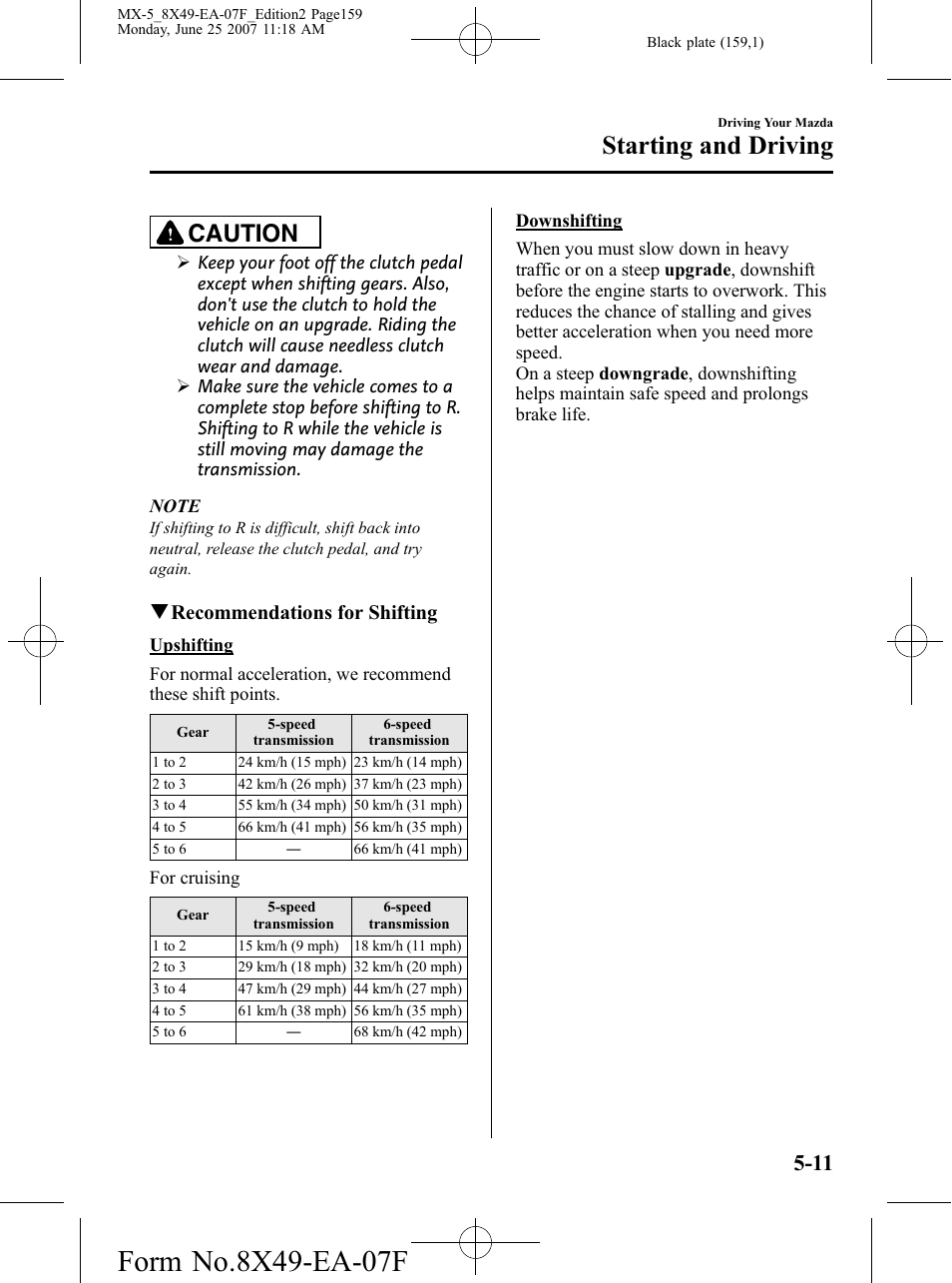 Starting and driving, Caution, Qrecommendations for shifting | Mazda 2008 MX-5 Miata User Manual | Page 159 / 458