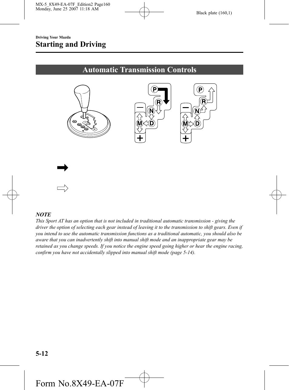 Automatic transmission controls, Automatic transmission controls -12, Starting and driving | Mazda 2008 MX-5 Miata User Manual | Page 160 / 458