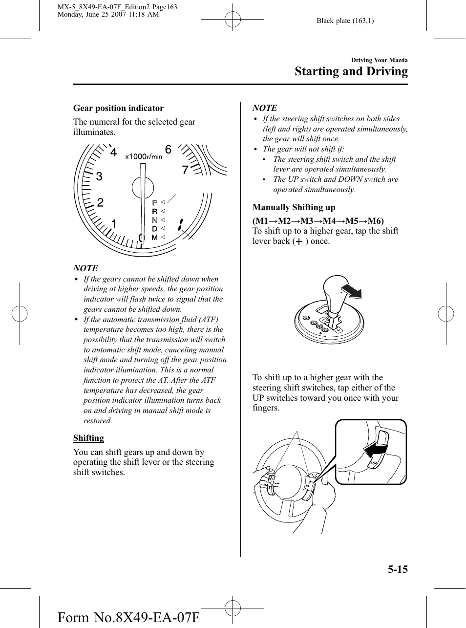 Starting and driving | Mazda 2008 MX-5 Miata User Manual | Page 163 / 458