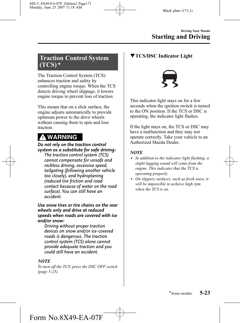 Traction control system (tcs), Starting and driving, Warning | Mazda 2008 MX-5 Miata User Manual | Page 171 / 458