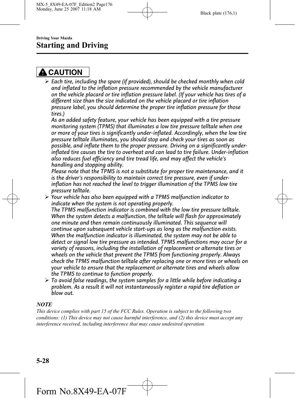 Starting and driving, Caution | Mazda 2008 MX-5 Miata User Manual | Page 176 / 458