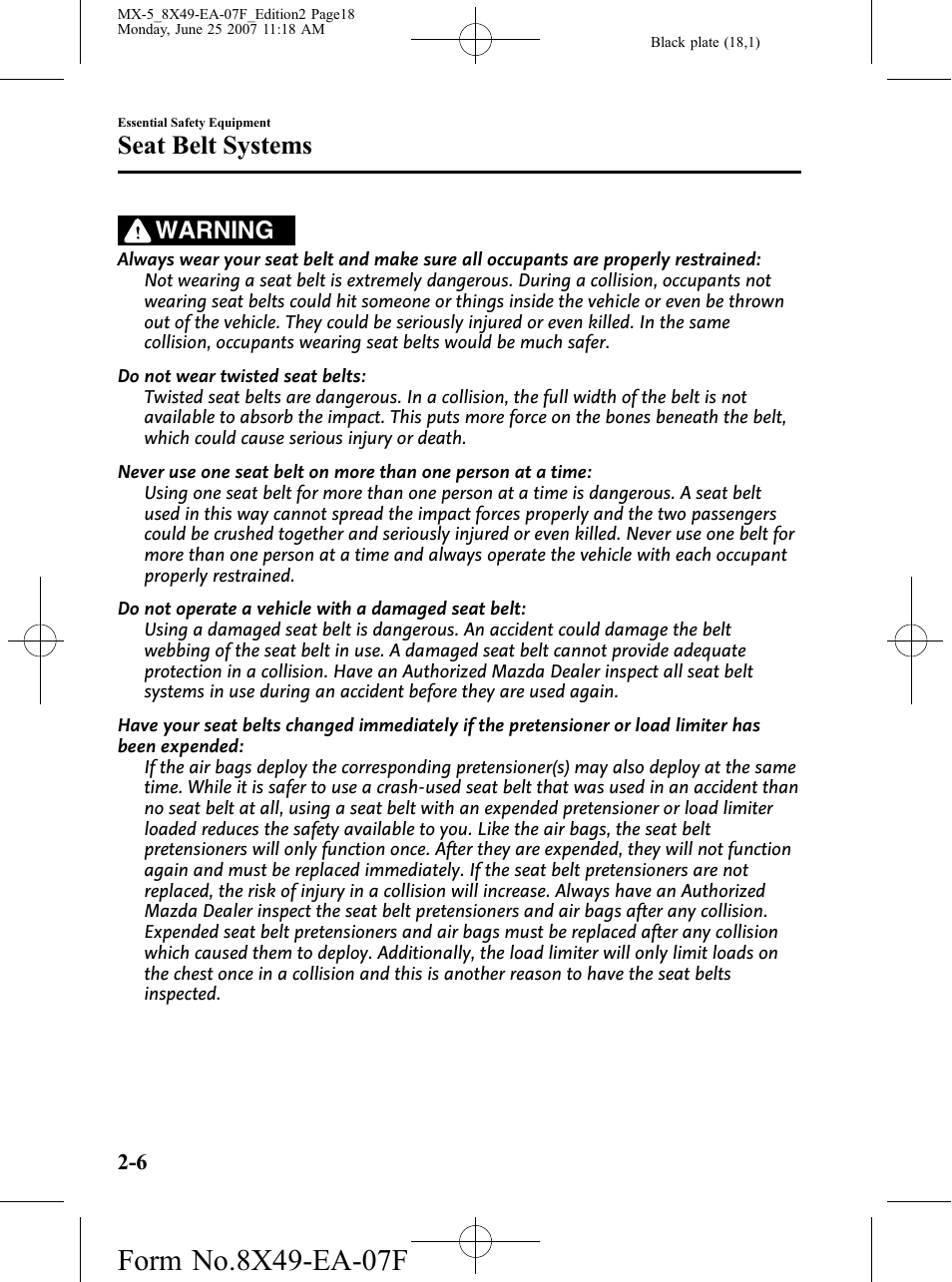 Seat belt systems, Warning | Mazda 2008 MX-5 Miata User Manual | Page 18 / 458