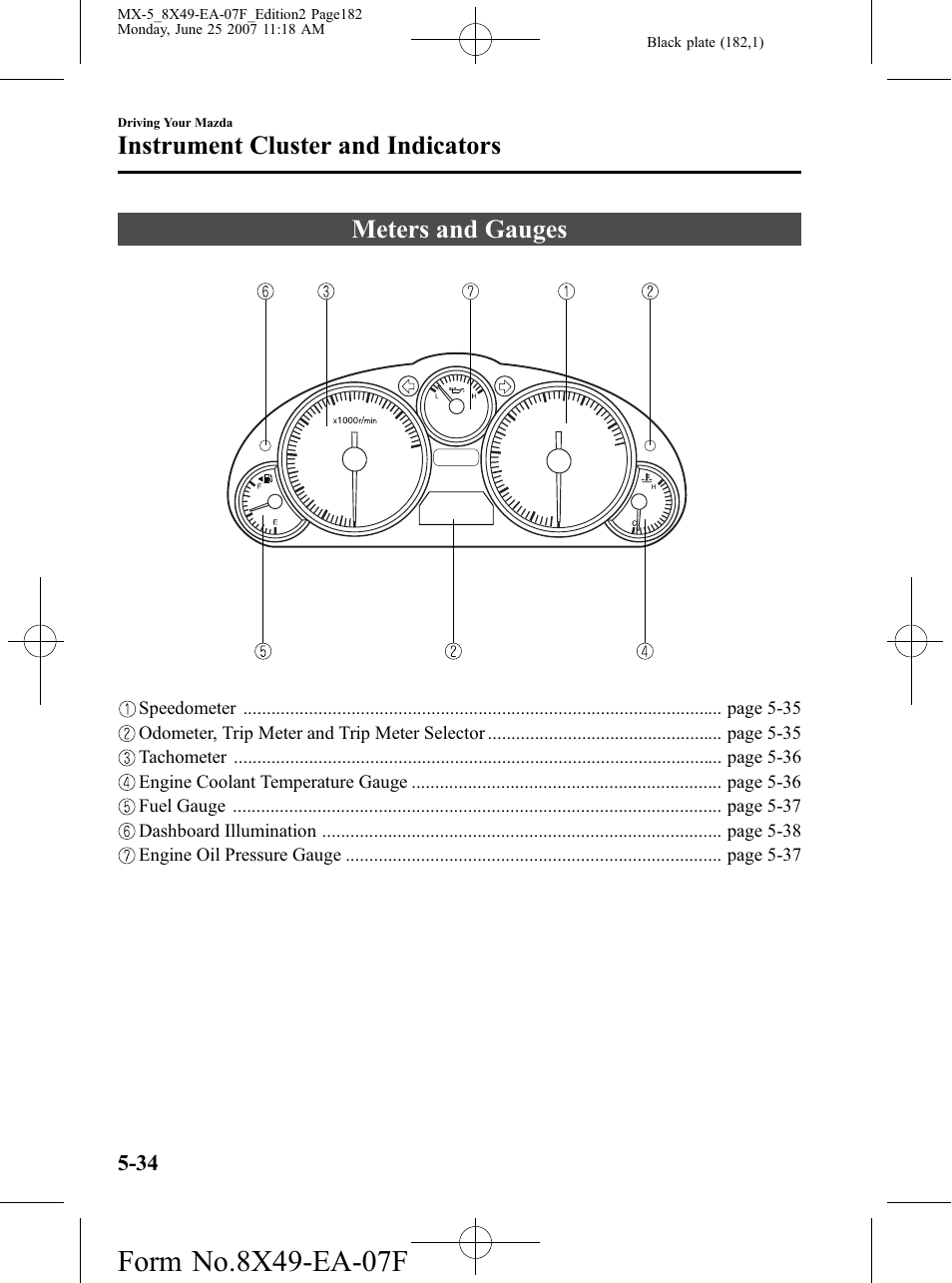 Instrument cluster and indicators, Meters and gauges, Instrument cluster and indicators -34 | Meters and gauges -34 | Mazda 2008 MX-5 Miata User Manual | Page 182 / 458