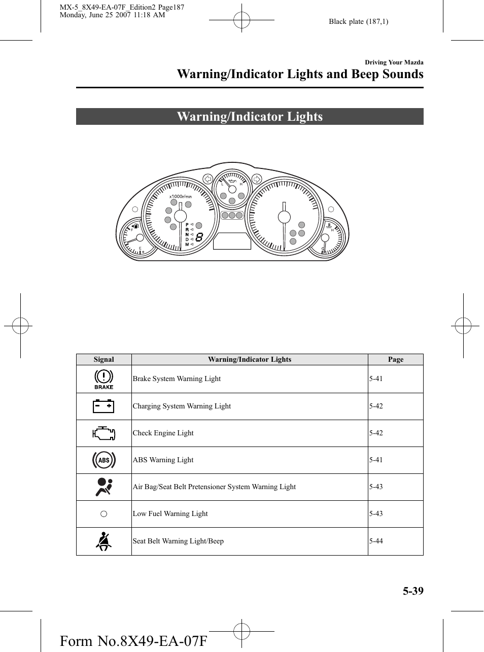 Warning/indicator lights and beep sounds, Warning/indicator lights, Warning/indicator lights and beep sounds -39 | Warning/indicator lights -39 | Mazda 2008 MX-5 Miata User Manual | Page 187 / 458