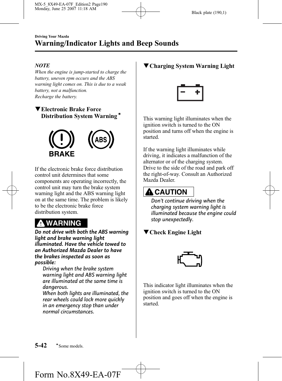 Warning/indicator lights and beep sounds, Warning, Caution | Mazda 2008 MX-5 Miata User Manual | Page 190 / 458