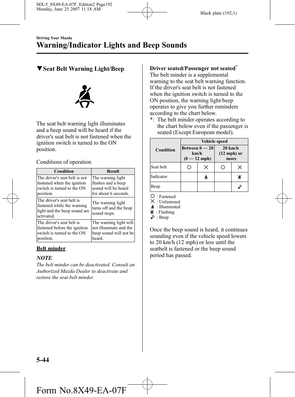 Warning/indicator lights and beep sounds, Qseat belt warning light/beep | Mazda 2008 MX-5 Miata User Manual | Page 192 / 458