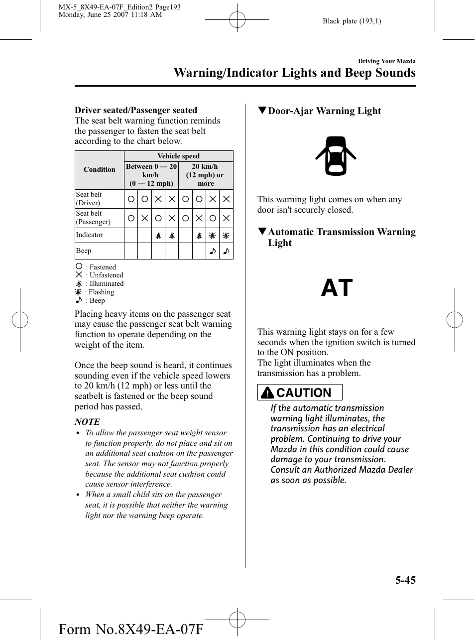 Warning/indicator lights and beep sounds, Caution | Mazda 2008 MX-5 Miata User Manual | Page 193 / 458