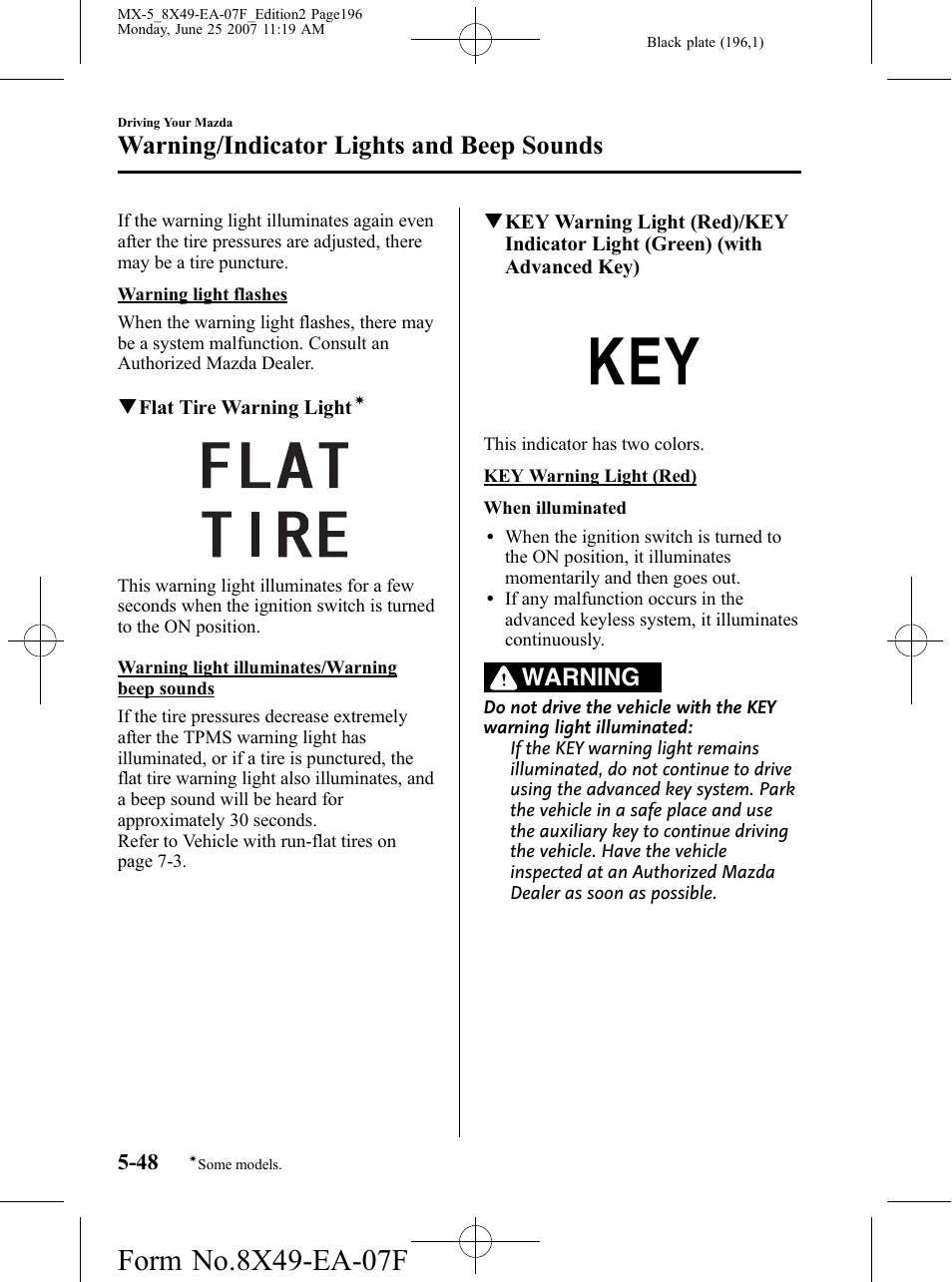 Warning/indicator lights and beep sounds, Warning | Mazda 2008 MX-5 Miata User Manual | Page 196 / 458