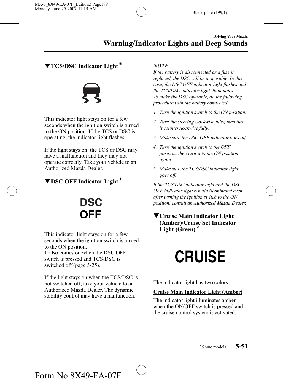 Warning/indicator lights and beep sounds | Mazda 2008 MX-5 Miata User Manual | Page 199 / 458