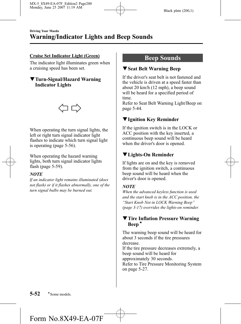 Beep sounds, Beep sounds -52, Warning/indicator lights and beep sounds | Mazda 2008 MX-5 Miata User Manual | Page 200 / 458