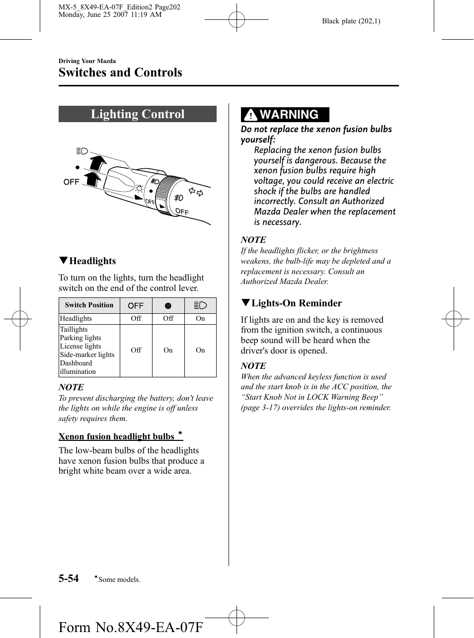 Switches and controls, Lighting control, Switches and controls -54 | Lighting control -54, Warning | Mazda 2008 MX-5 Miata User Manual | Page 202 / 458