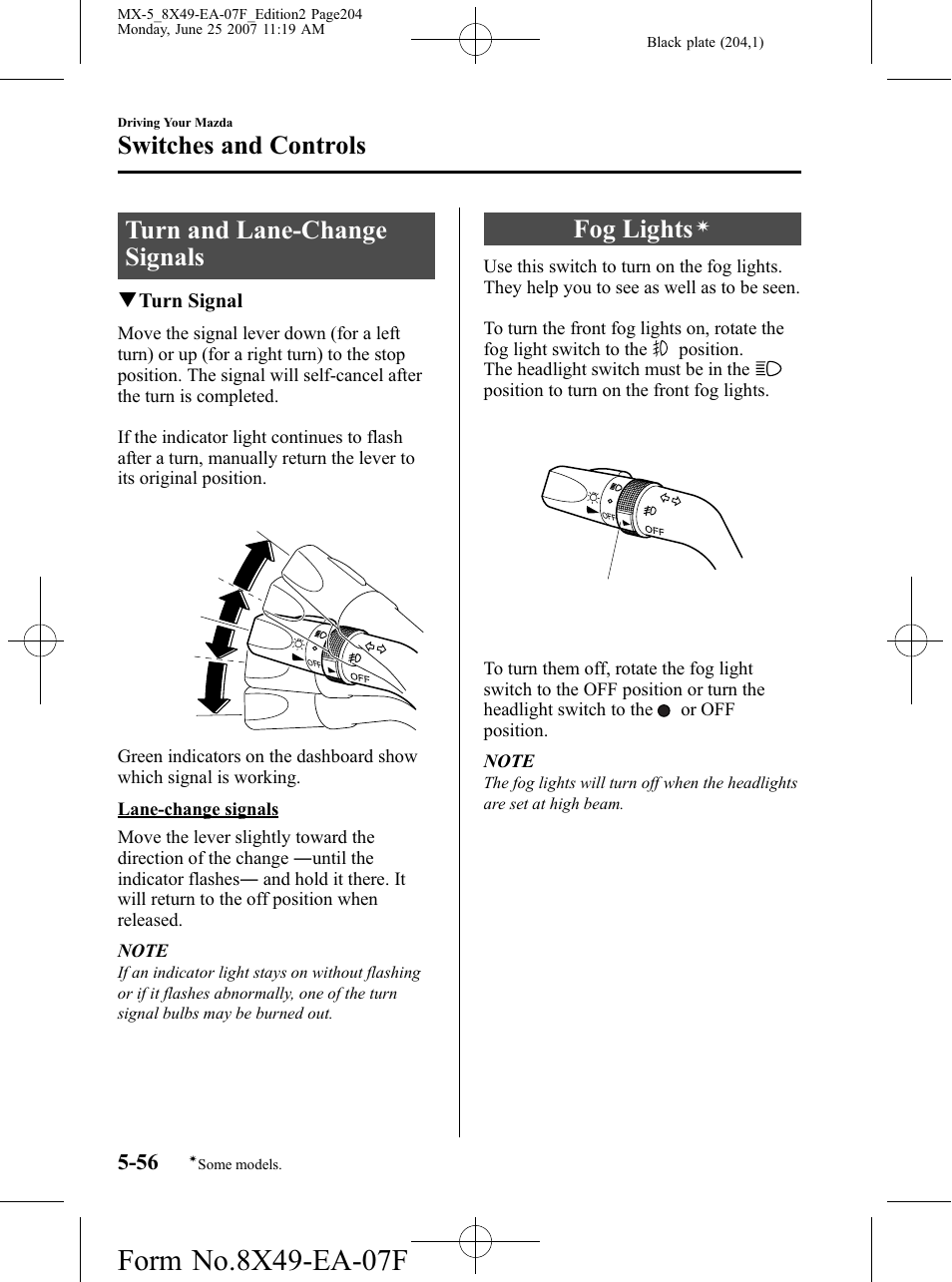 Turn and lane-change signals, Fog lights, Turn and lane-change signals -56 fog lights | Switches and controls | Mazda 2008 MX-5 Miata User Manual | Page 204 / 458
