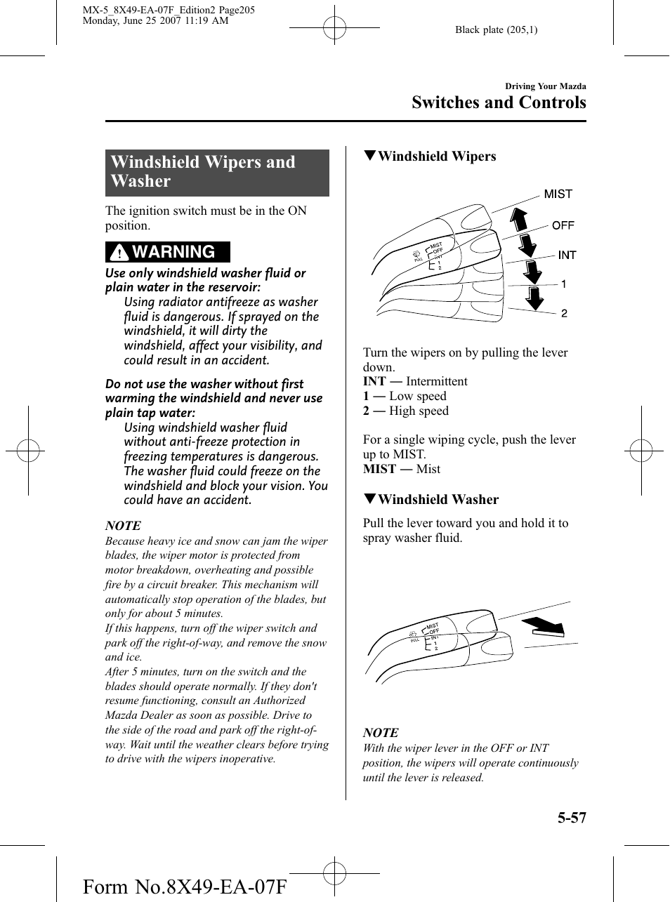 Windshield wipers and washer, Windshield wipers and washer -57, Switches and controls | Warning | Mazda 2008 MX-5 Miata User Manual | Page 205 / 458