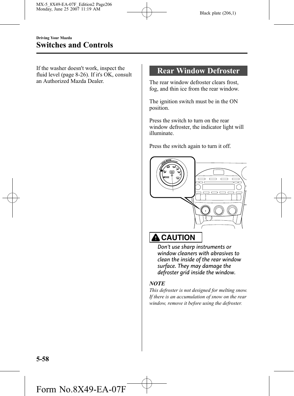 Rear window defroster, Rear window defroster -58, Switches and controls | Caution | Mazda 2008 MX-5 Miata User Manual | Page 206 / 458