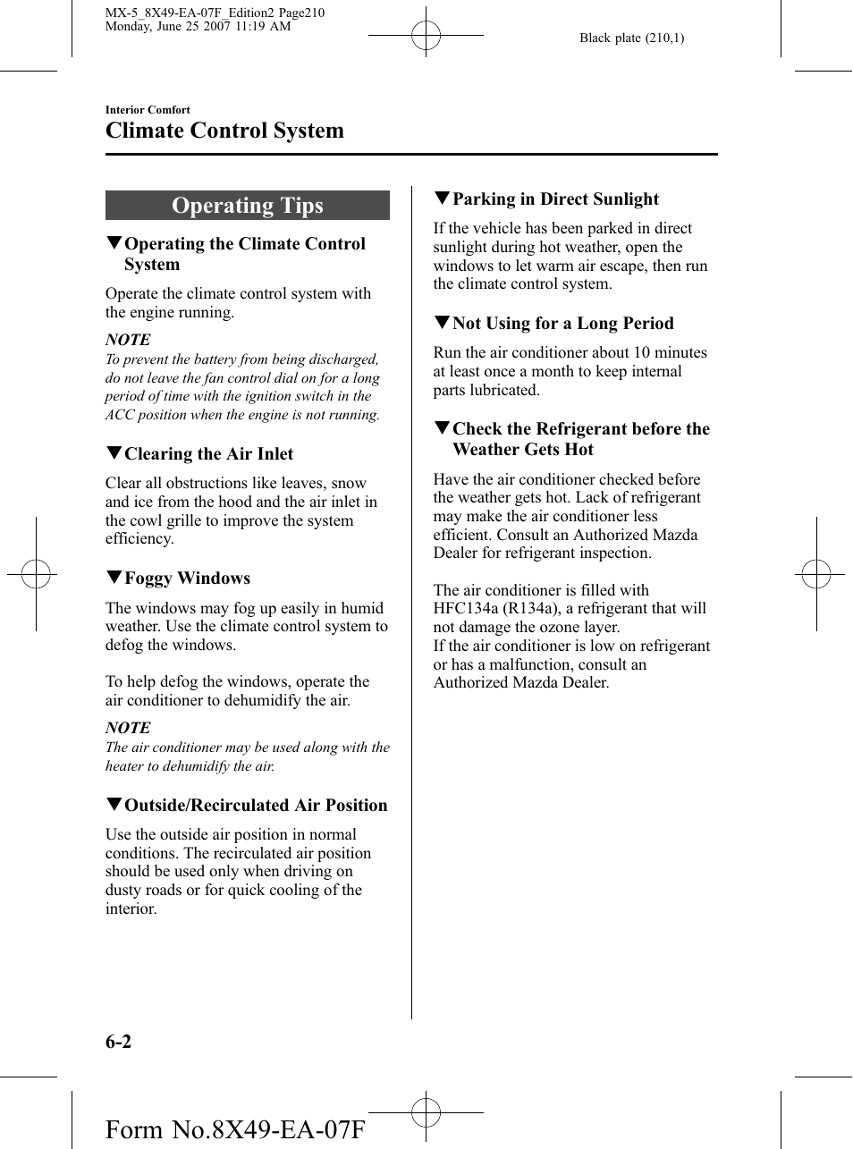 Climate control system, Operating tips, Climate control system -2 | Operating tips -2 | Mazda 2008 MX-5 Miata User Manual | Page 210 / 458