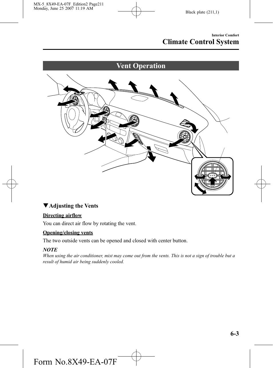 Vent operation, Vent operation -3, Climate control system | Mazda 2008 MX-5 Miata User Manual | Page 211 / 458