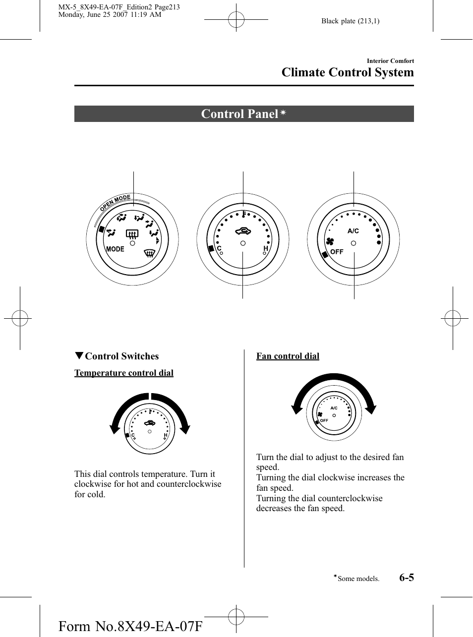 Control panel, Climate control system | Mazda 2008 MX-5 Miata User Manual | Page 213 / 458