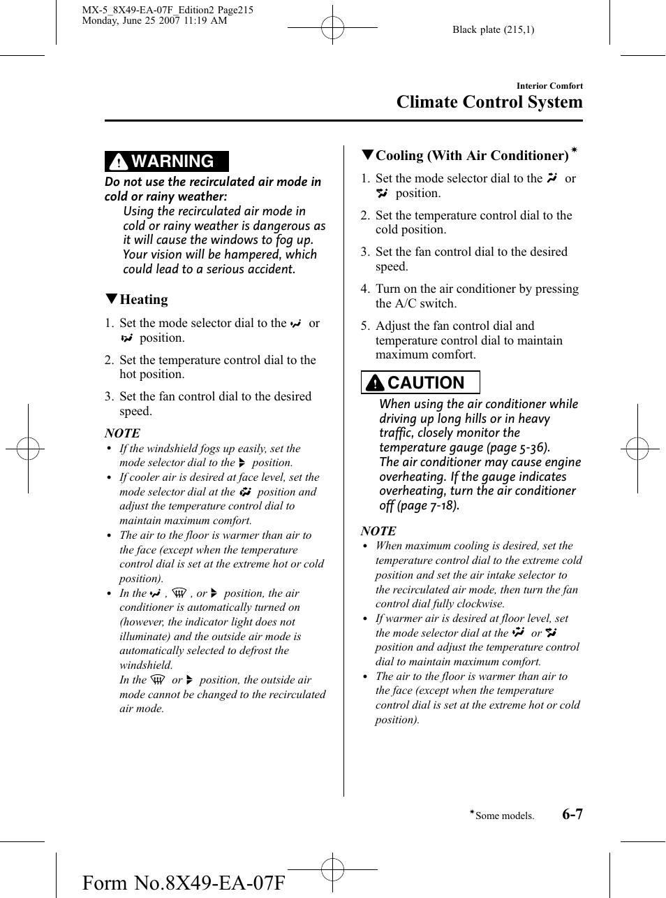 Climate control system, Warning, Caution | Qheating, Qcooling (with air conditioner) | Mazda 2008 MX-5 Miata User Manual | Page 215 / 458