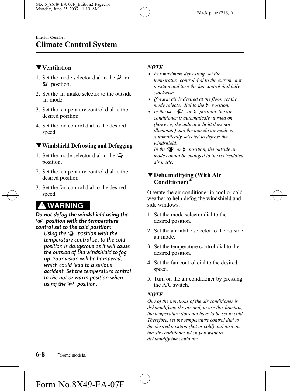 Climate control system, Warning | Mazda 2008 MX-5 Miata User Manual | Page 216 / 458