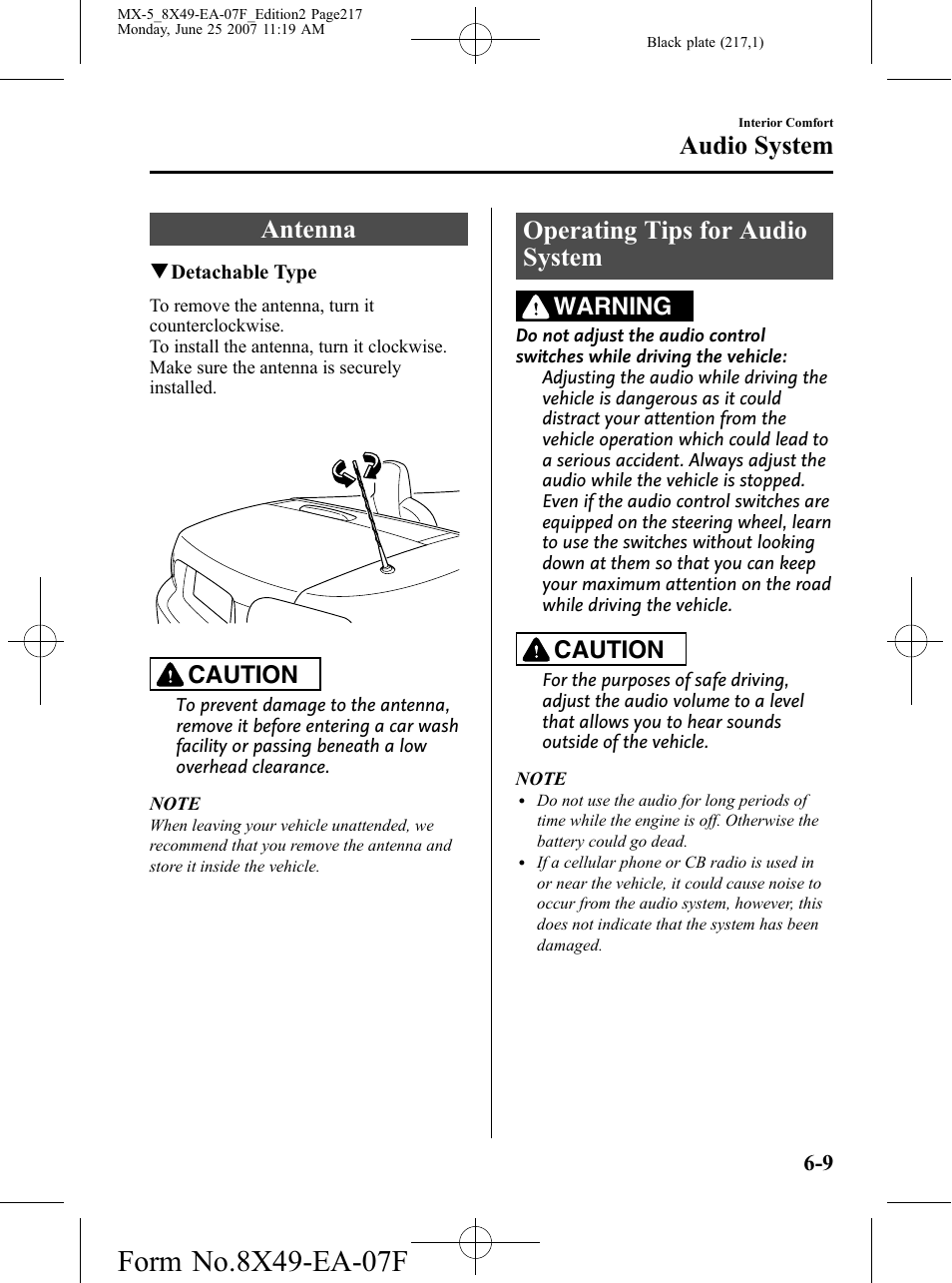 Audio system, Antenna, Operating tips for audio system | Audio system -9, Antenna -9 operating tips for audio system -9, Caution, Warning | Mazda 2008 MX-5 Miata User Manual | Page 217 / 458
