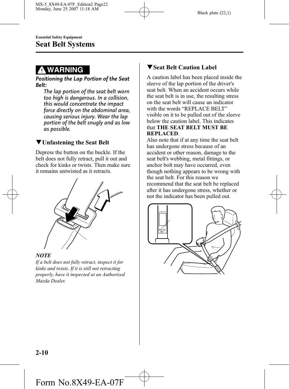 Seat belt systems, Warning | Mazda 2008 MX-5 Miata User Manual | Page 22 / 458