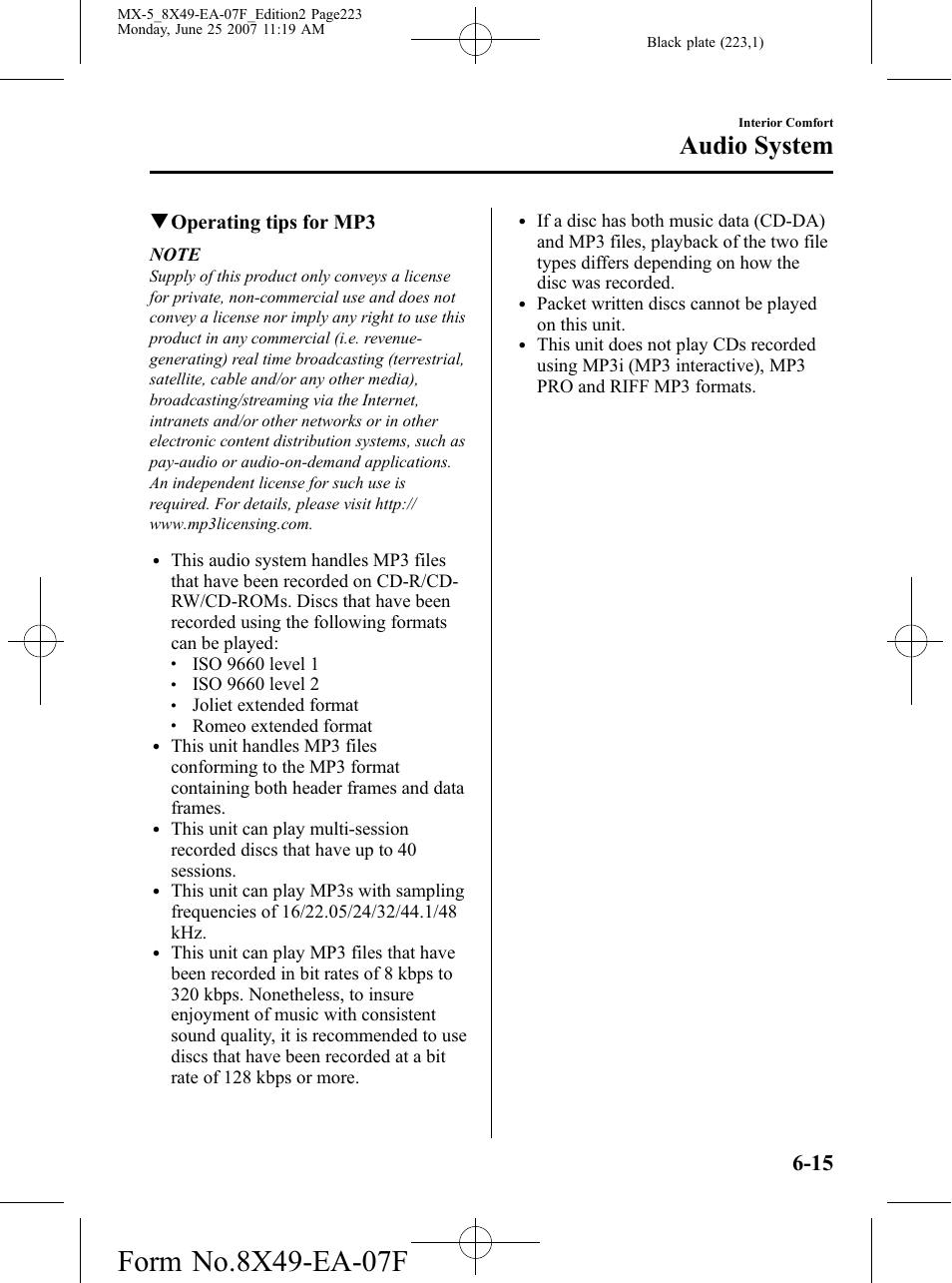 Audio system, Qoperating tips for mp3 | Mazda 2008 MX-5 Miata User Manual | Page 223 / 458