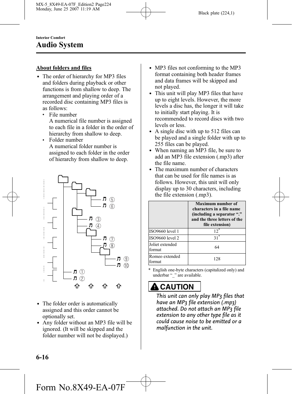 Audio system, Caution | Mazda 2008 MX-5 Miata User Manual | Page 224 / 458