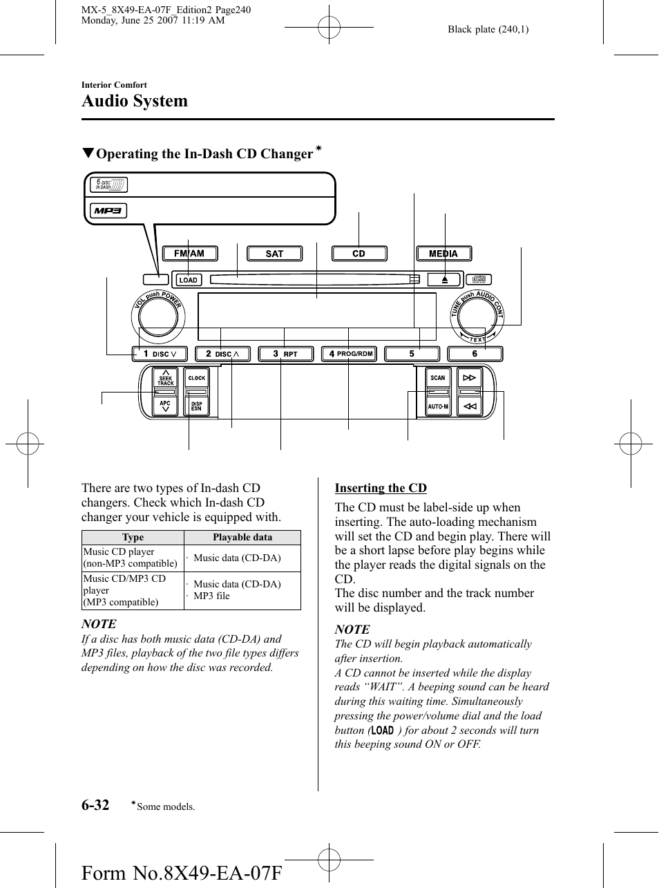 Audio system, Qoperating the in-dash cd changer | Mazda 2008 MX-5 Miata User Manual | Page 240 / 458