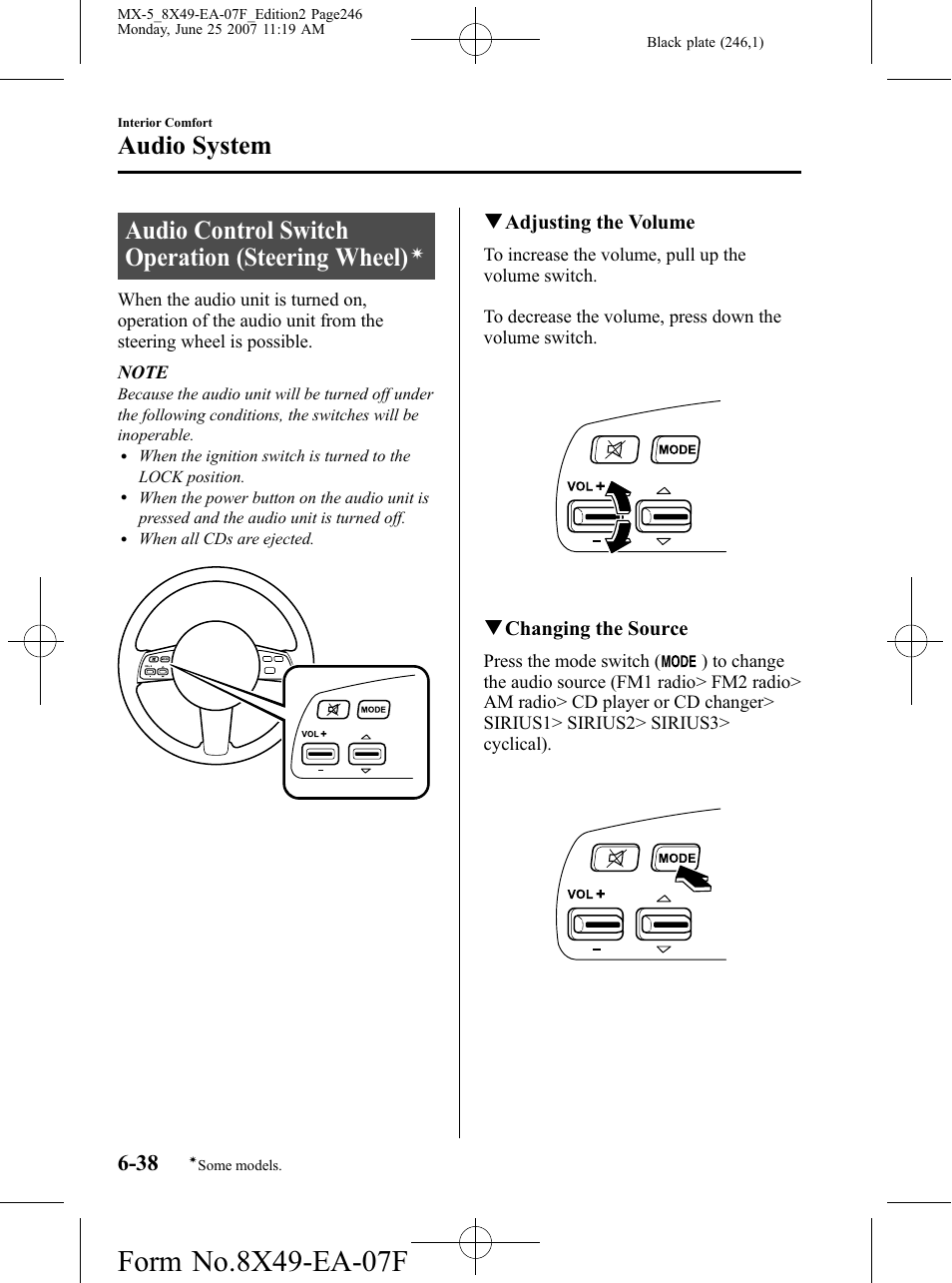 Audio control switch operation (steering wheel), Audio system | Mazda 2008 MX-5 Miata User Manual | Page 246 / 458