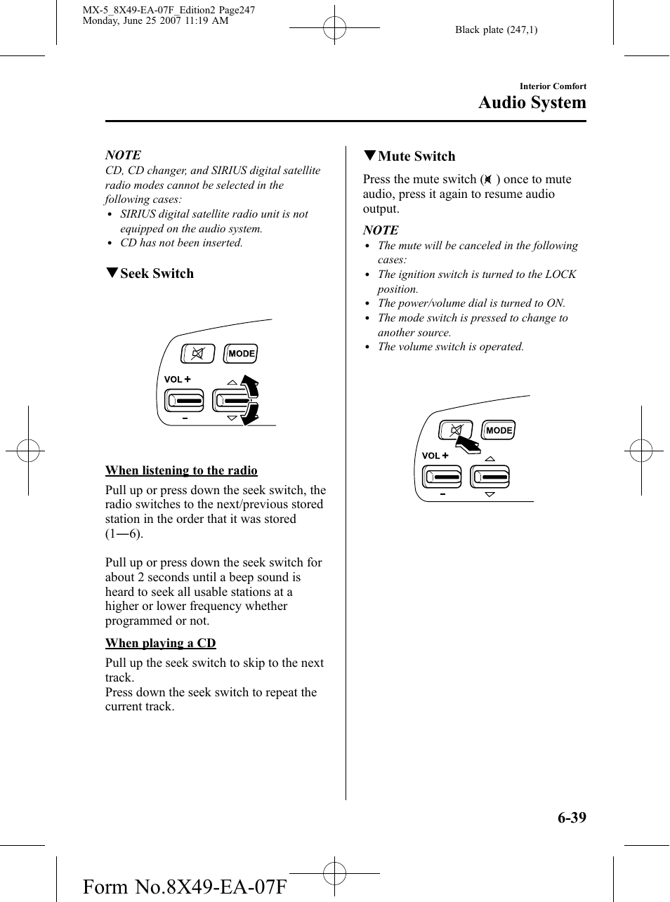 Audio system, Qseek switch, Qmute switch | Mazda 2008 MX-5 Miata User Manual | Page 247 / 458