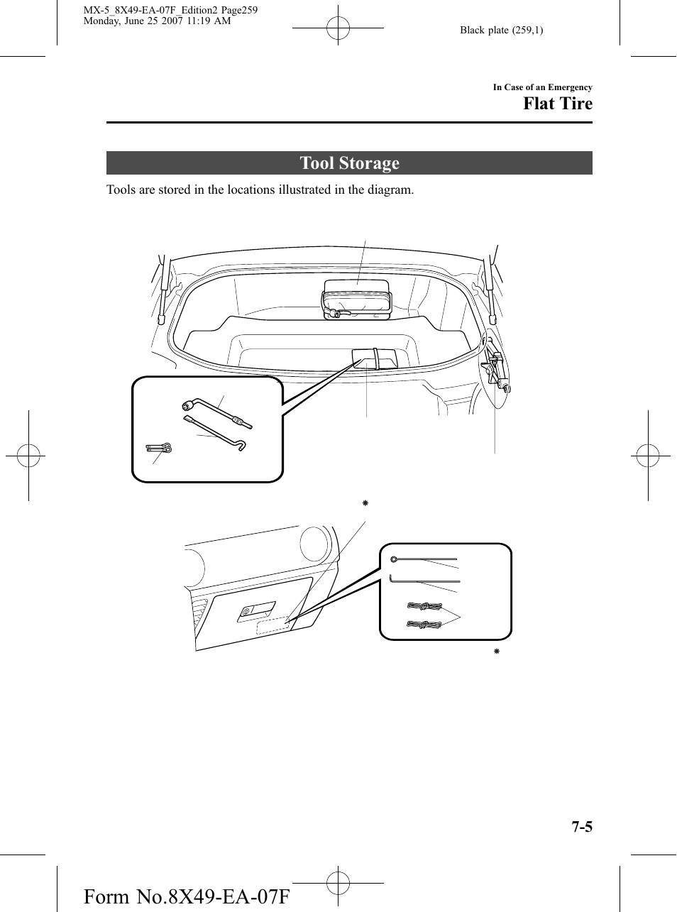 Tool storage, Tool storage -5, Flat tire | Mazda 2008 MX-5 Miata User Manual | Page 259 / 458