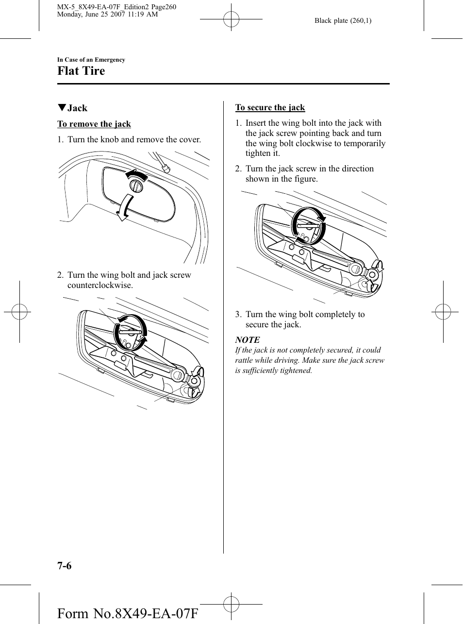 Flat tire | Mazda 2008 MX-5 Miata User Manual | Page 260 / 458