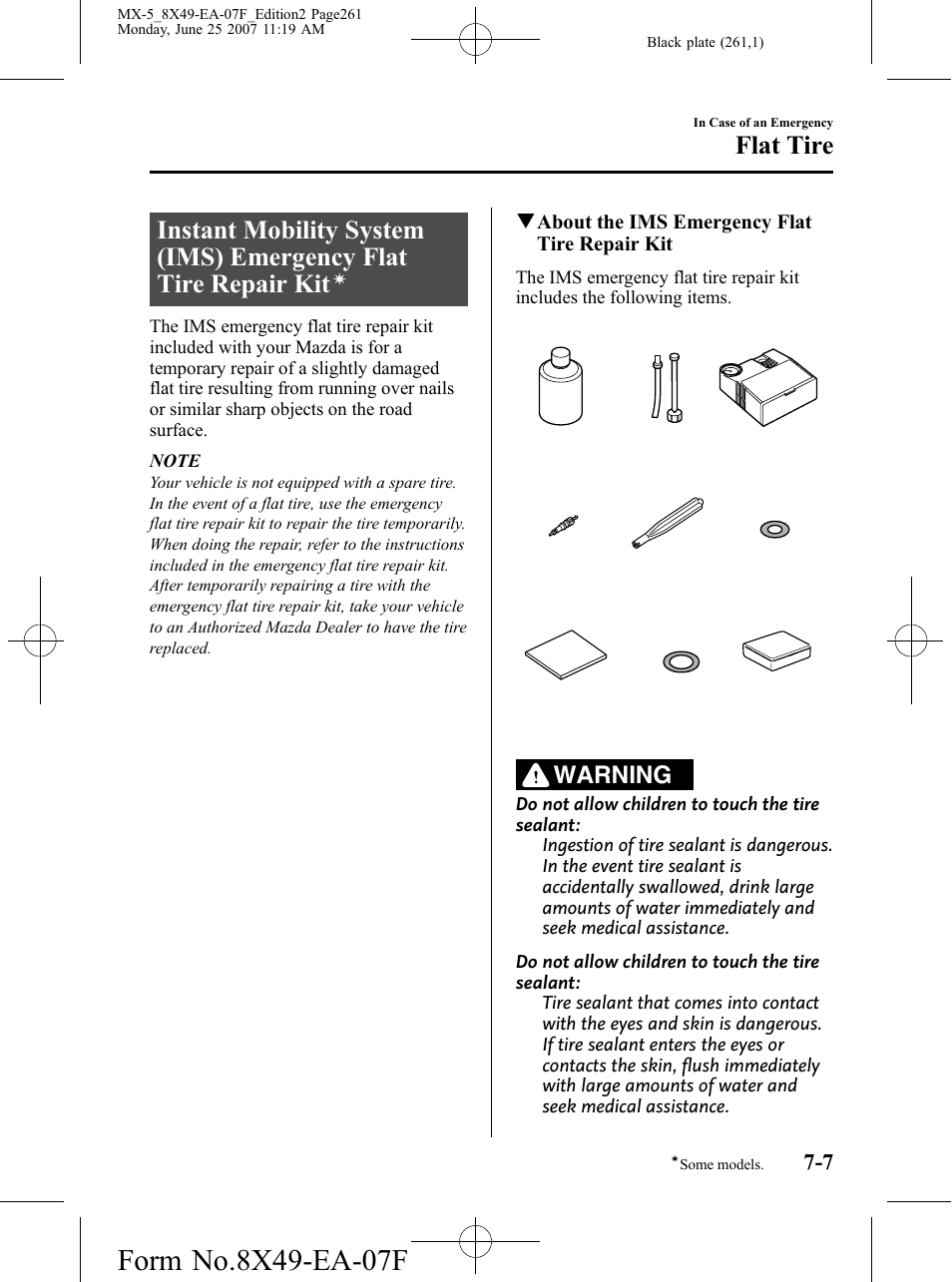 Flat tire, Warning | Mazda 2008 MX-5 Miata User Manual | Page 261 / 458