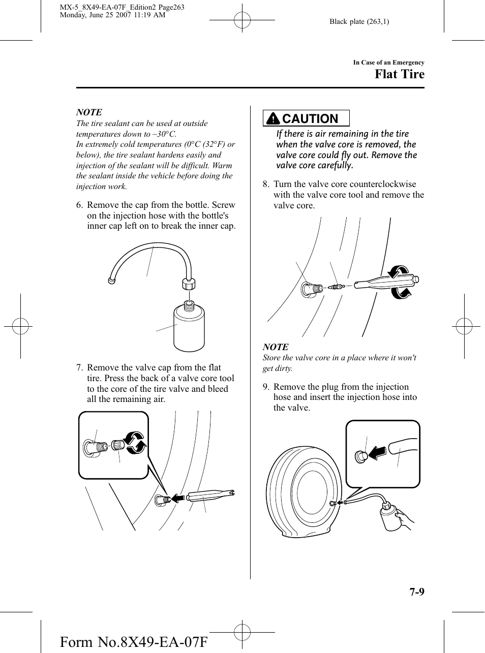 Flat tire, Caution | Mazda 2008 MX-5 Miata User Manual | Page 263 / 458