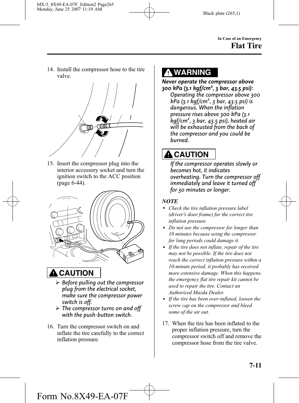 Flat tire, Caution, Warning | Mazda 2008 MX-5 Miata User Manual | Page 265 / 458