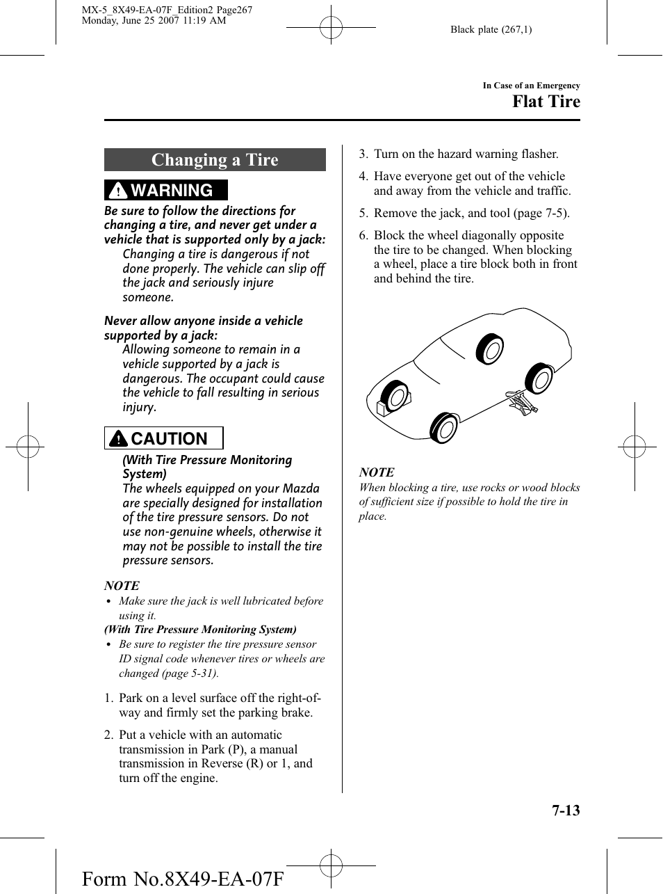 Changing a tire, Changing a tire -13, Flat tire | Warning, Caution | Mazda 2008 MX-5 Miata User Manual | Page 267 / 458