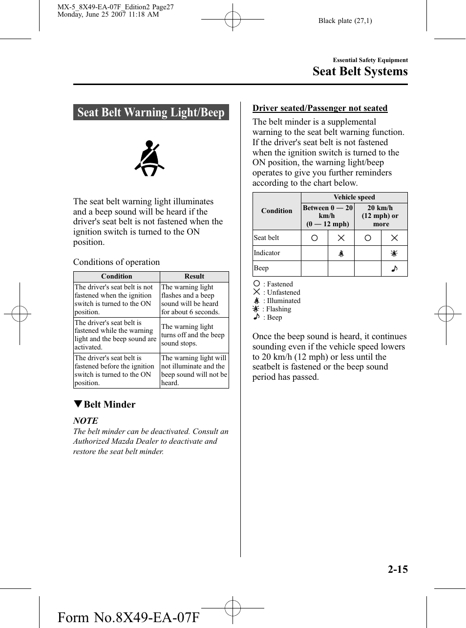 Seat belt warning light/beep, Seat belt warning light/beep -15, Seat belt systems | Mazda 2008 MX-5 Miata User Manual | Page 27 / 458