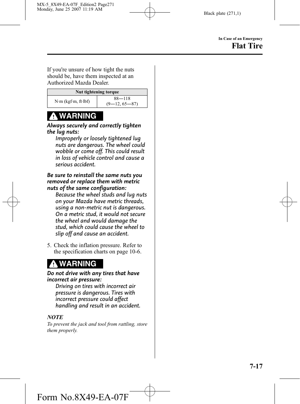 Flat tire, Warning | Mazda 2008 MX-5 Miata User Manual | Page 271 / 458