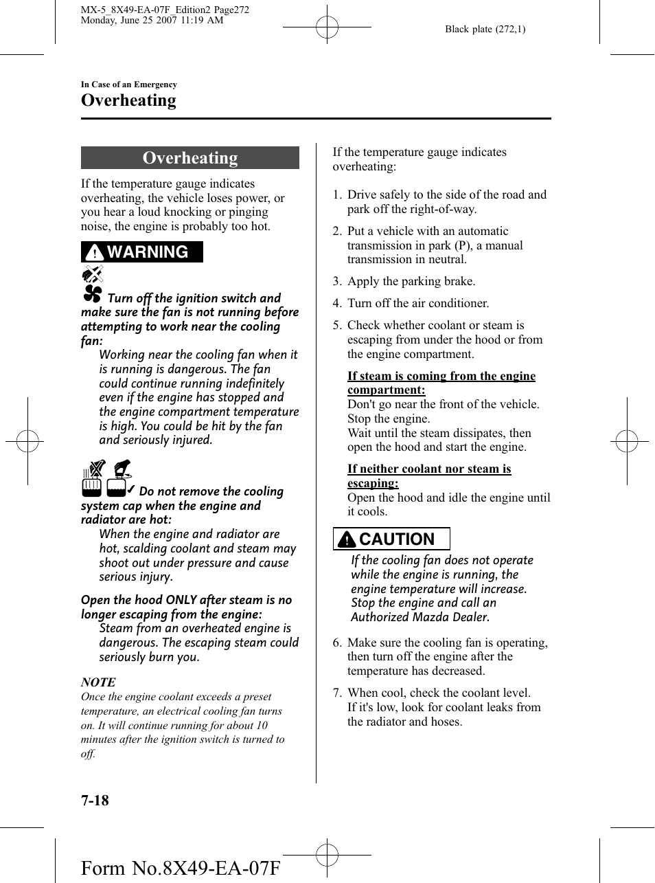 Overheating, Overheating -18, Warning | Caution | Mazda 2008 MX-5 Miata User Manual | Page 272 / 458