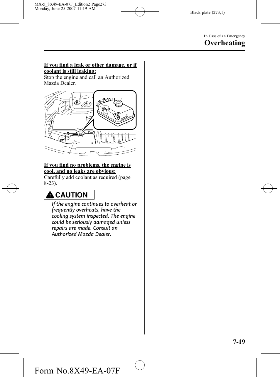 Overheating, Caution | Mazda 2008 MX-5 Miata User Manual | Page 273 / 458